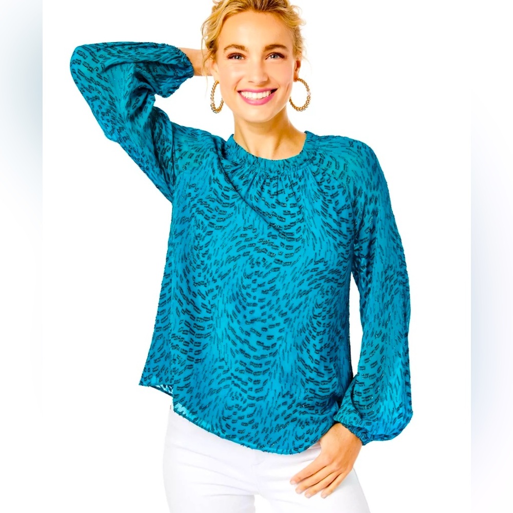 Lilly Pulitzer Caline Metallic Silk Teal Bay Silk Swirl Clip Top -M